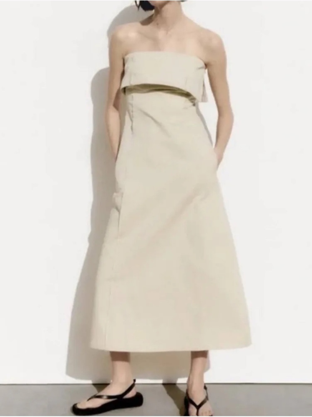 ZARA Gabardine Strapless Cream Midi Dress
